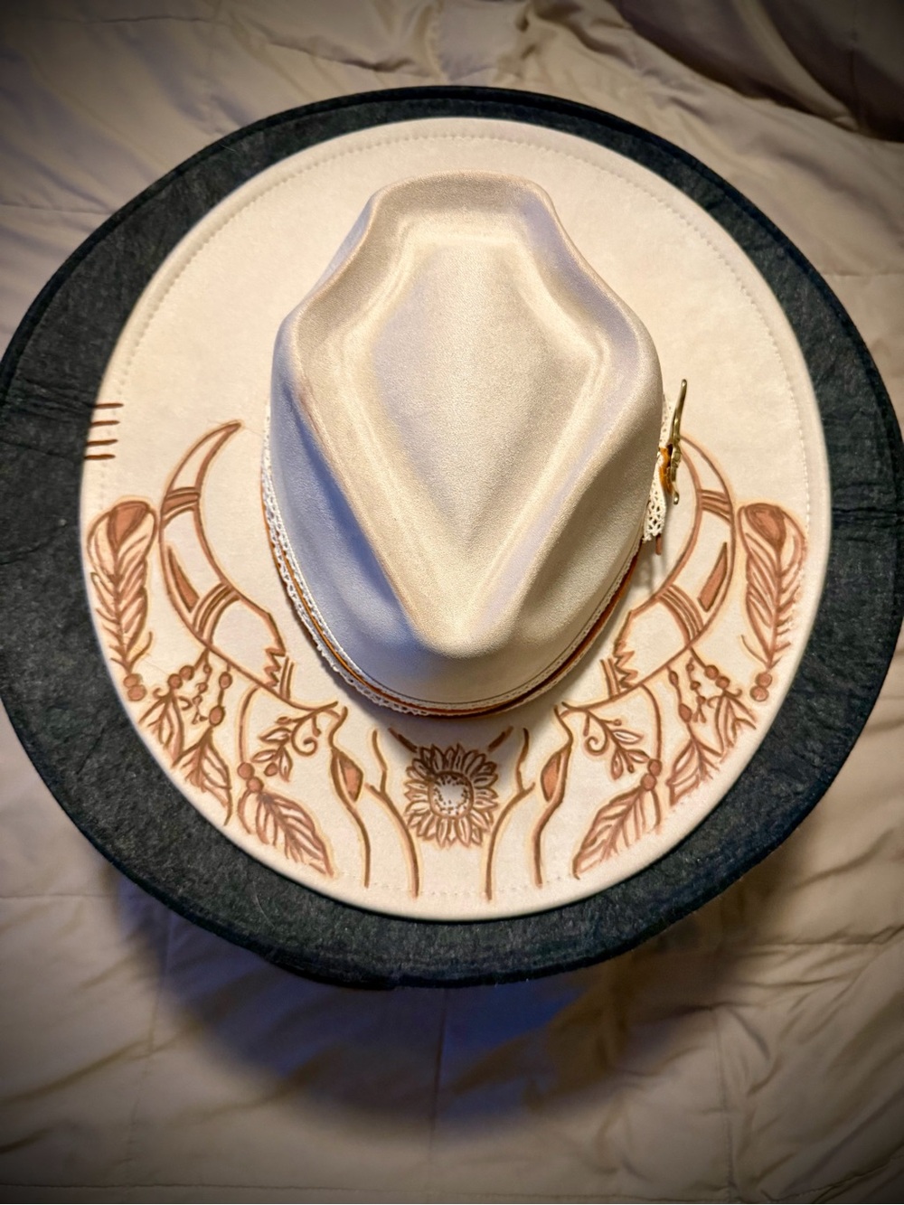 Hand Painted Cream Western Vegan Suede Hat
